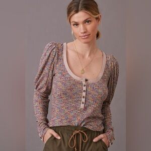 Anthropologie - Colorful Puff Sleeved Knit Long Sleeve Lightweight Henley Top XS
